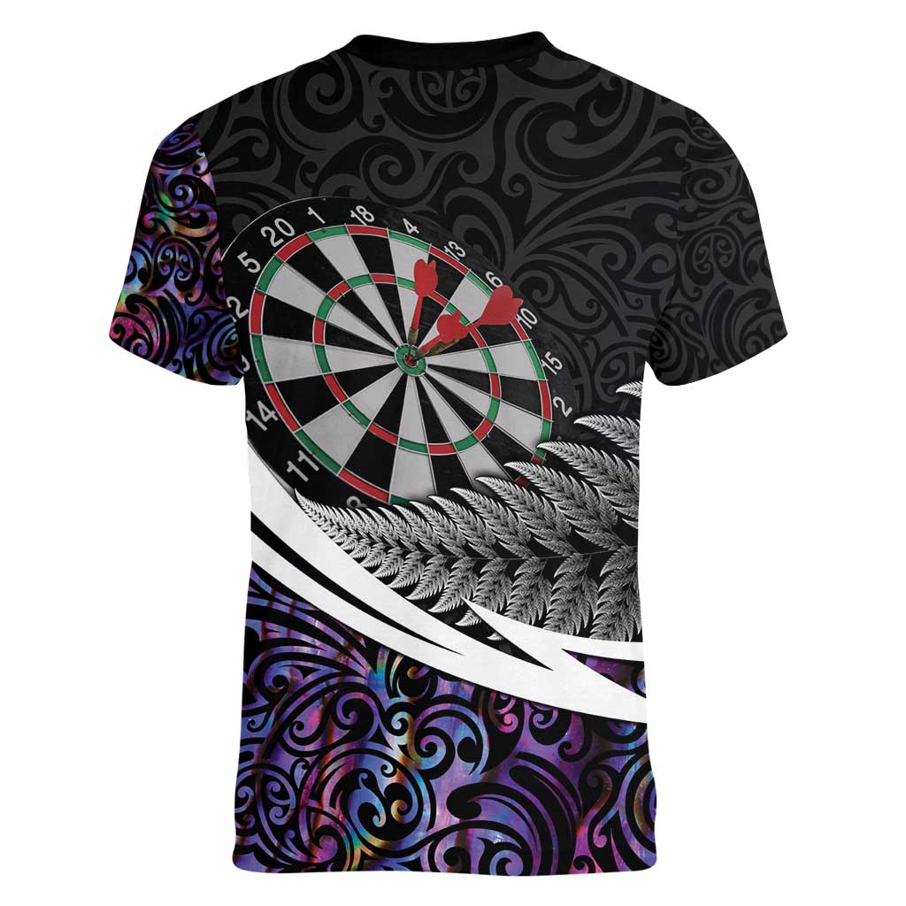 Personalized NZ Darts Women V-Neck T-Shirt Paua Shell Maori Koru Whakairo - Purple - Polynesian Pride