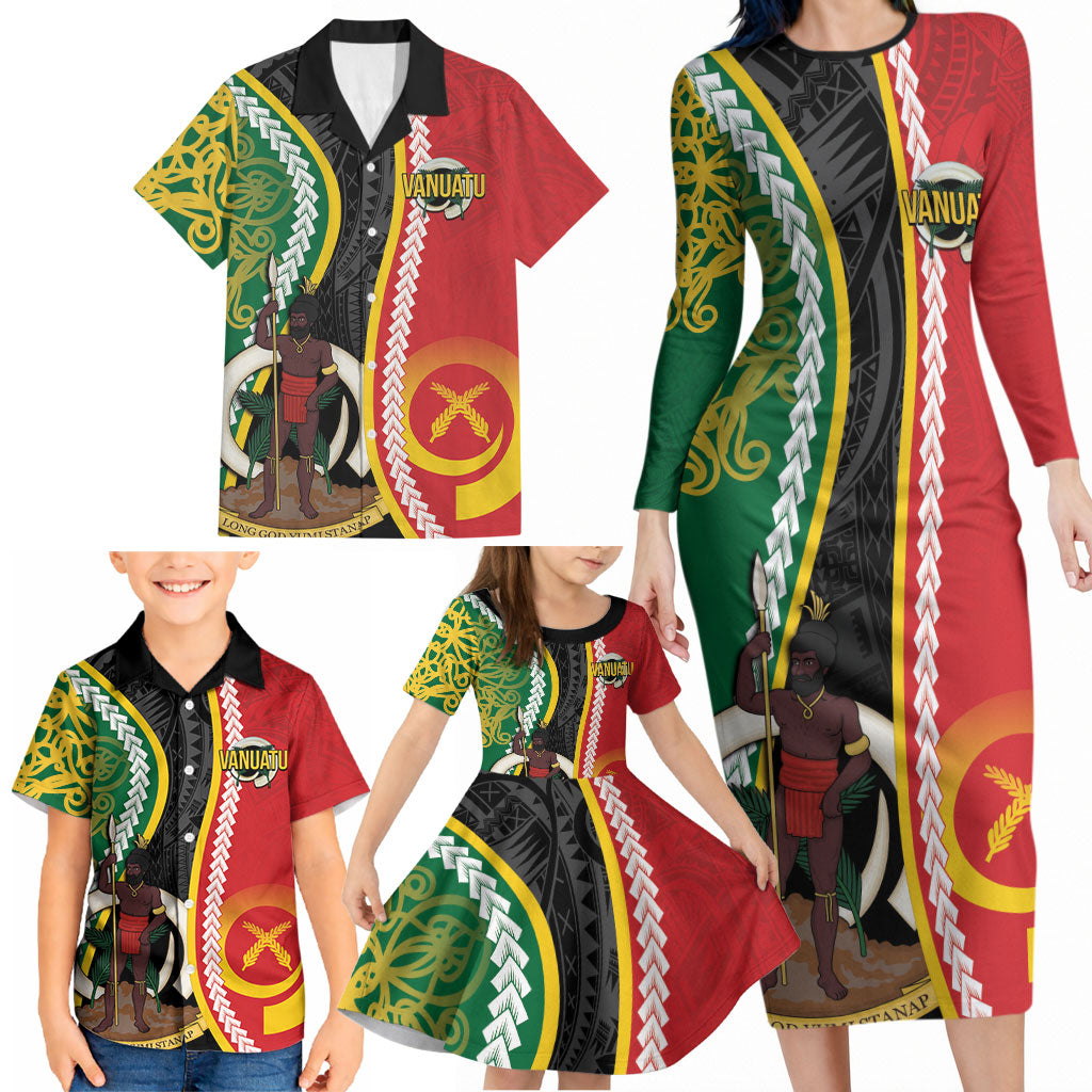 Ni-Vanuatu Indipendens Dei Celebretem Family Matching Long Sleeve Bodycon Dress and Hawaiian Shirt Yumi Yumi Yumi