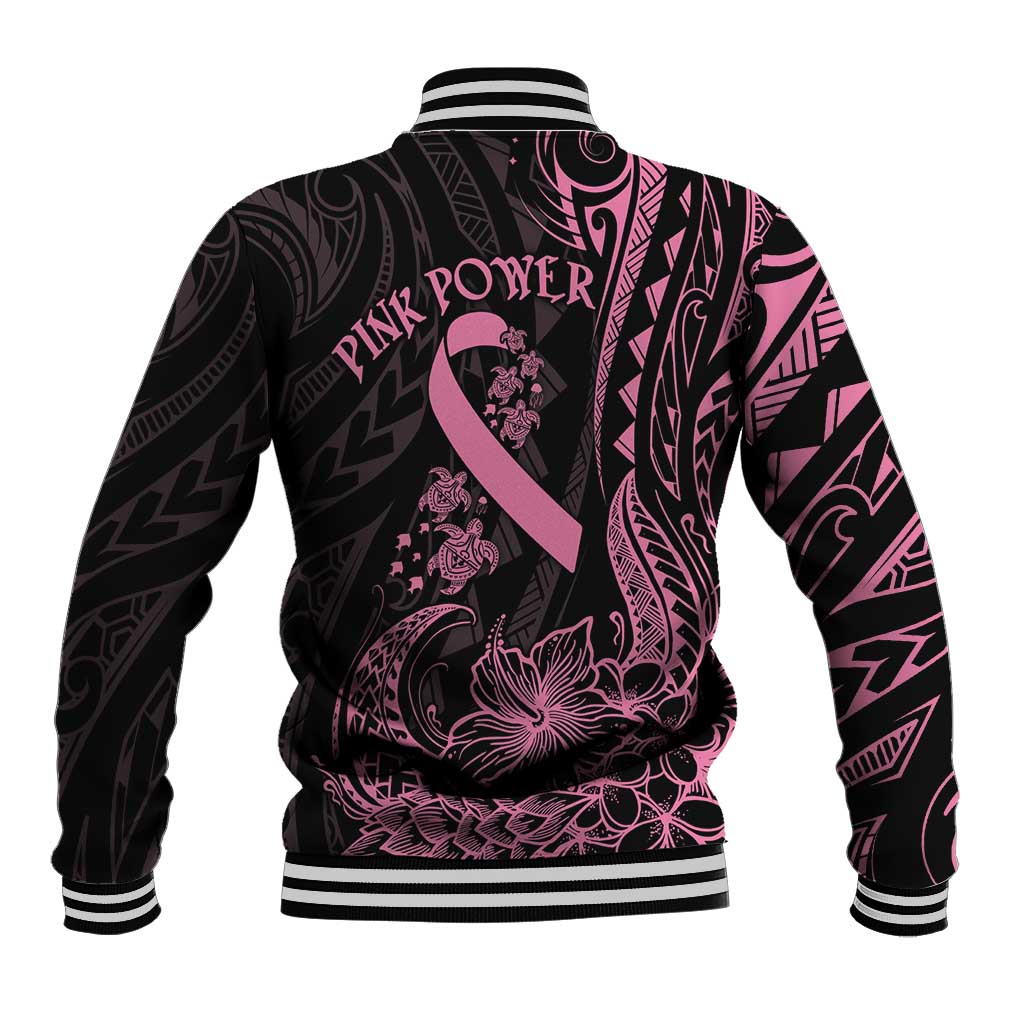Polynesian Pink Power Baseball Jacket Breast Cancer Ribbon Turtle and Flowers