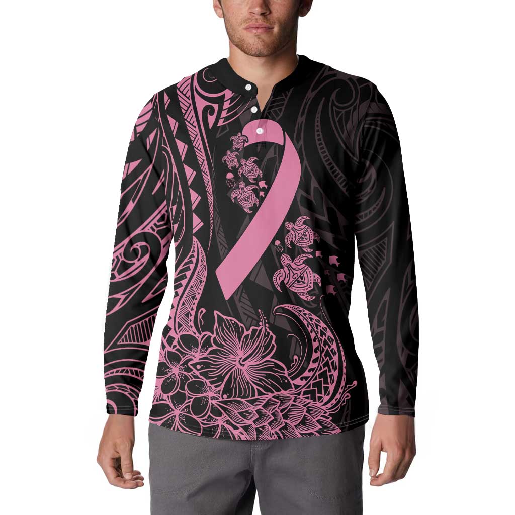 Polynesian Pink Power Button Sweatshirt Breast Cancer Ribbon Turtle and Flowers