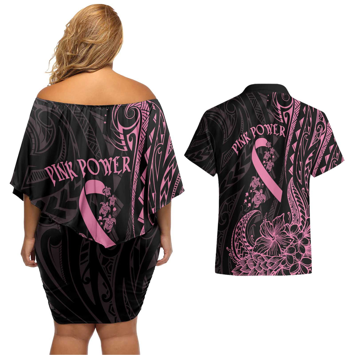 Polynesian Pink Power Couples Matching Off Shoulder Short Dress and Hawaiian Shirt Breast Cancer Ribbon Turtle and Flowers