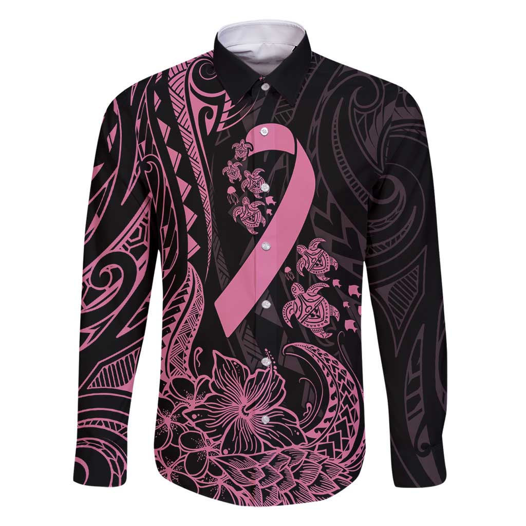 Polynesian Pink Power Family Matching Long Sleeve Bodycon Dress and Hawaiian Shirt Breast Cancer Ribbon Turtle and Flowers