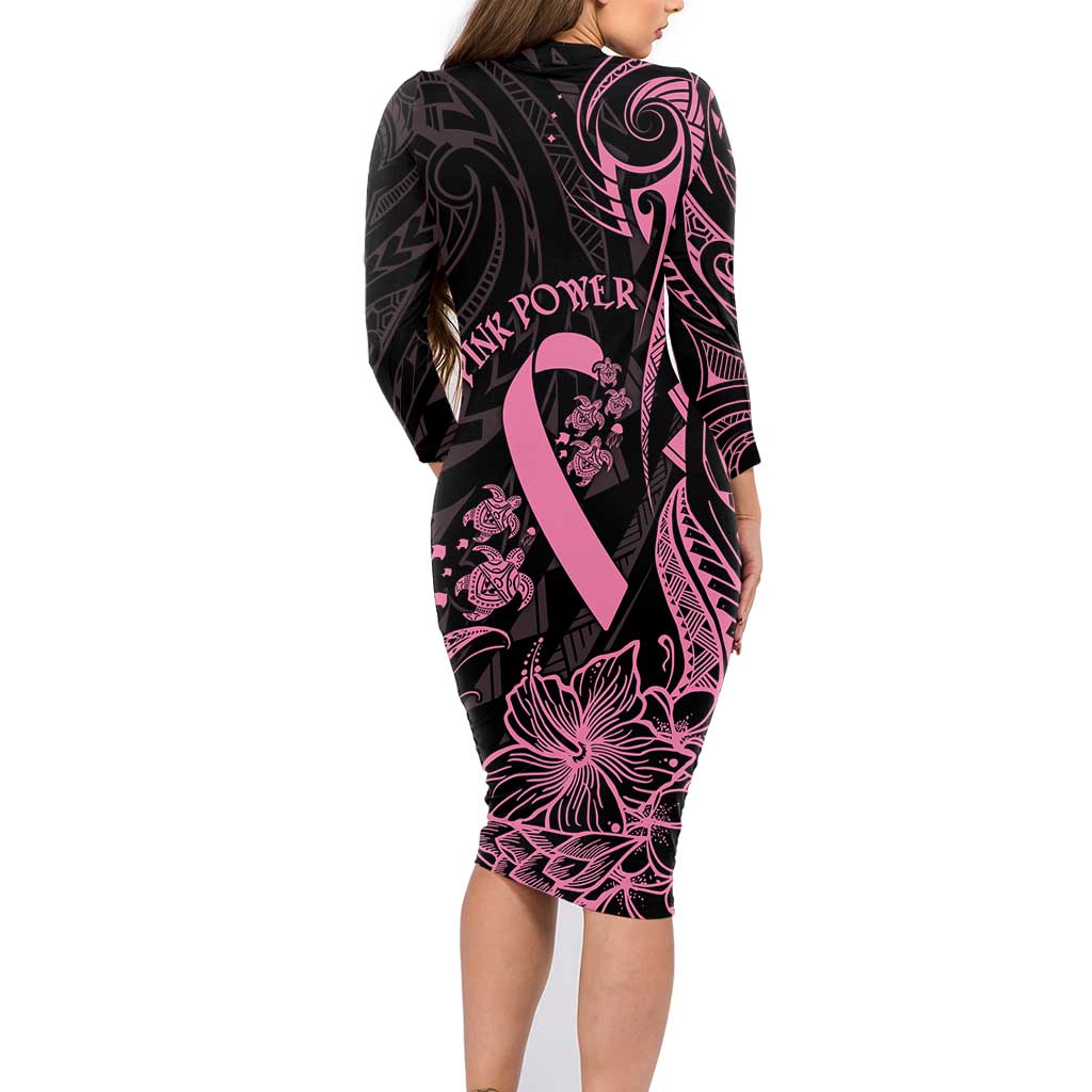 Polynesian Pink Power Family Matching Long Sleeve Bodycon Dress and Hawaiian Shirt Breast Cancer Ribbon Turtle and Flowers