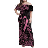 Polynesian Pink Power Family Matching Off Shoulder Maxi Dress and Hawaiian Shirt Breast Cancer Ribbon Turtle and Flowers
