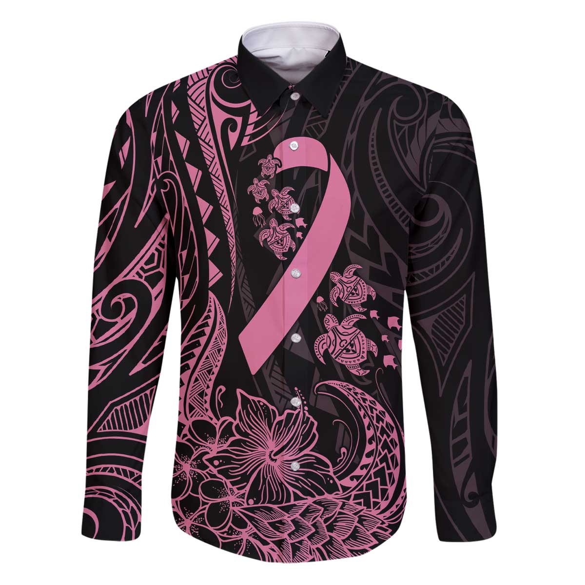 Polynesian Pink Power Family Matching Puletasi and Hawaiian Shirt Breast Cancer Ribbon Turtle and Flowers