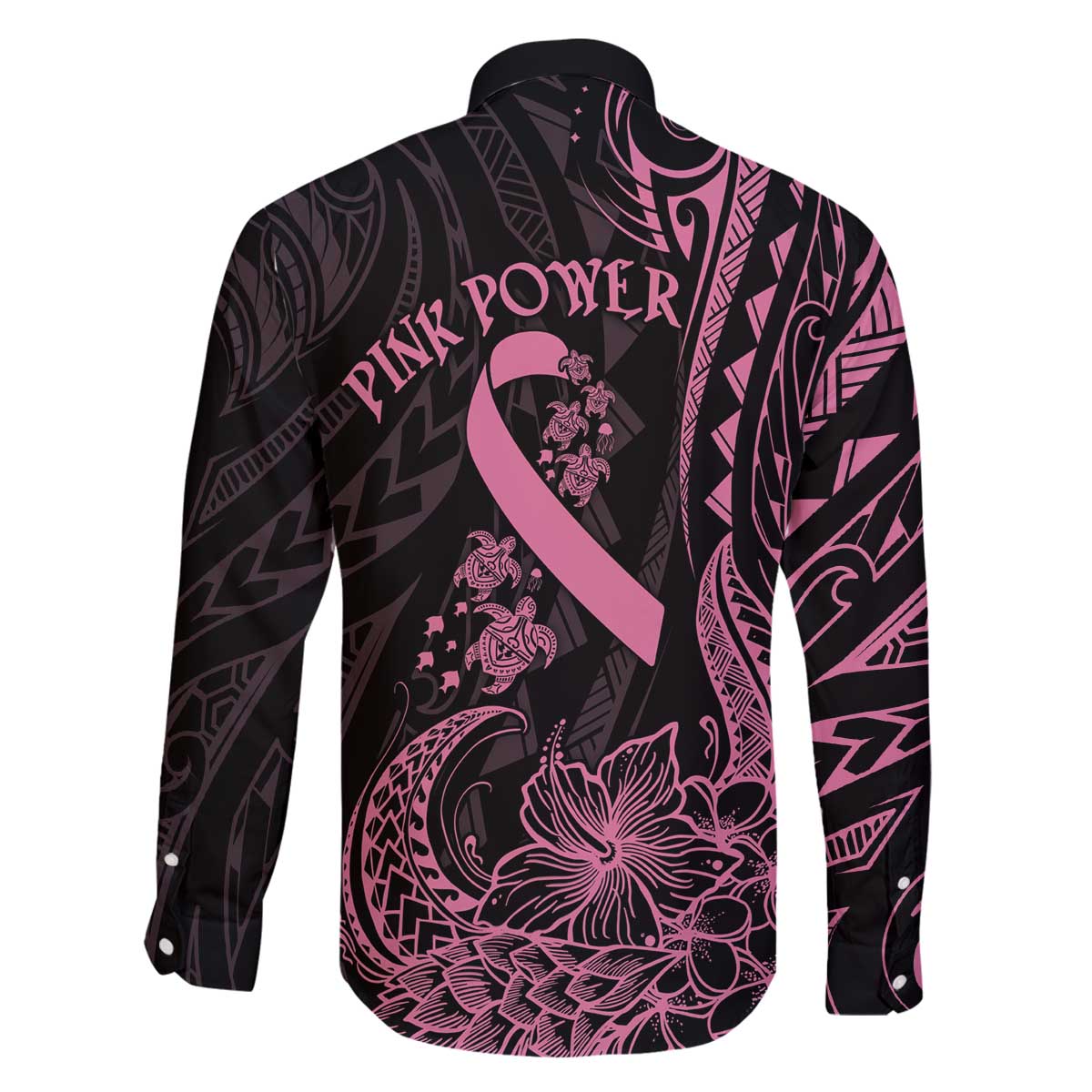 Polynesian Pink Power Family Matching Puletasi and Hawaiian Shirt Breast Cancer Ribbon Turtle and Flowers