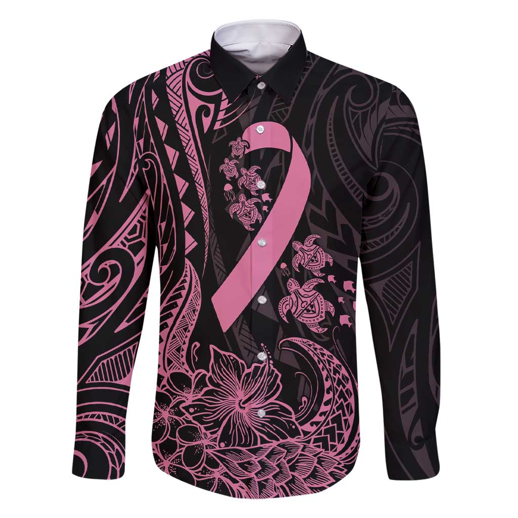 Polynesian Pink Power Family Matching Short Sleeve Bodycon Dress and Hawaiian Shirt Breast Cancer Ribbon Turtle and Flowers