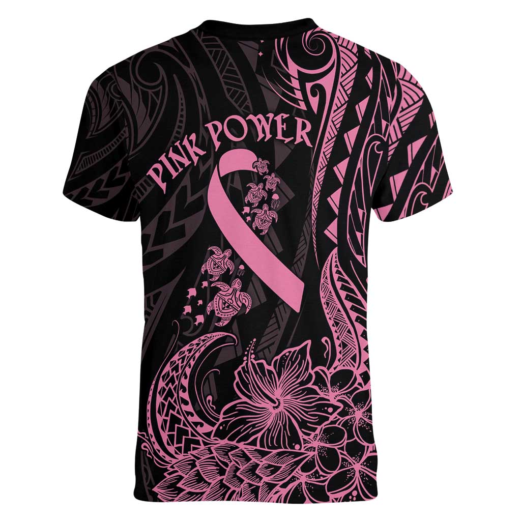 Polynesian Pink Power Women V-Neck T-Shirt Breast Cancer Ribbon Turtle and Flowers