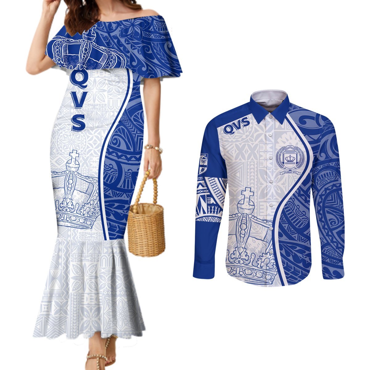 Personalised Queen Victoria School Couples Matching Mermaid Dress and Long Sleeve Button Shirts QVS Old Boys LT7 White - Polynesian Pride