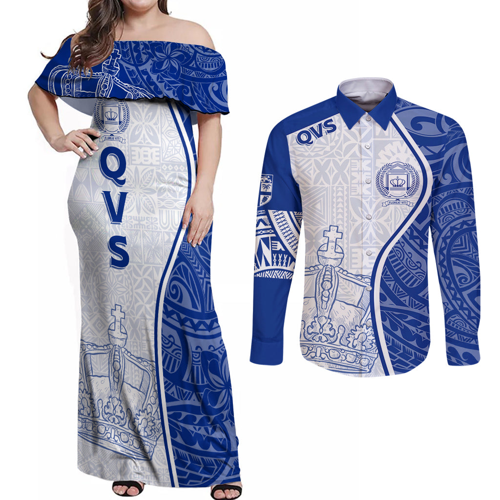 Personalised Queen Victoria School Couples Matching Off Shoulder Maxi Dress and Long Sleeve Button Shirts QVS Old Boys LT7 White - Polynesian Pride