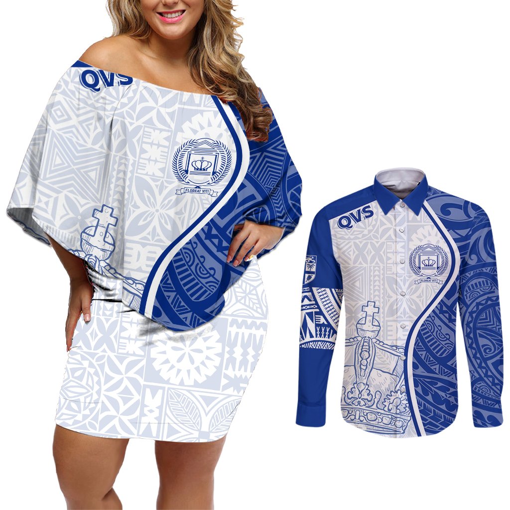 Personalised Queen Victoria School Couples Matching Off Shoulder Short Dress and Long Sleeve Button Shirts QVS Old Boys LT7 White - Polynesian Pride