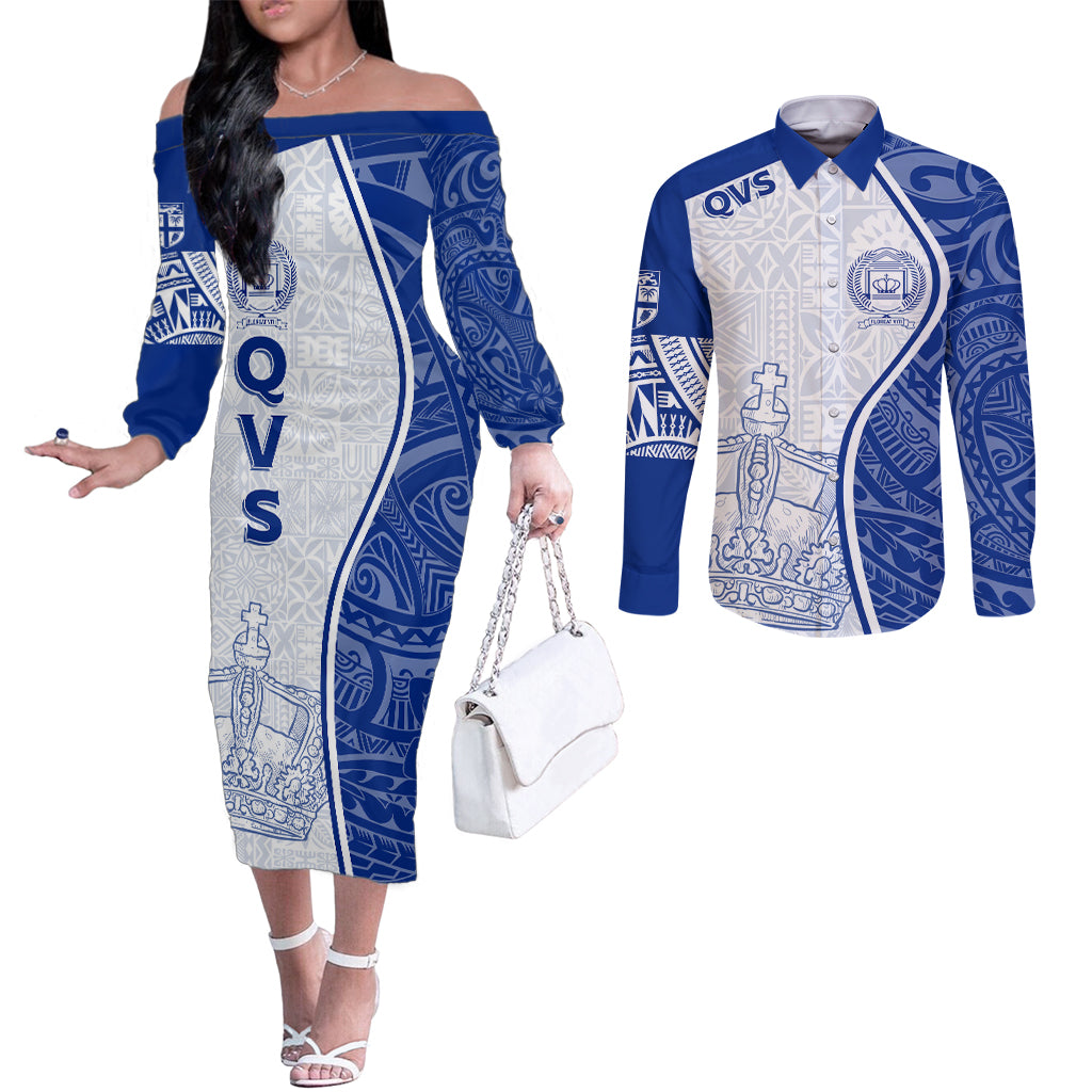 Personalised Queen Victoria School Couples Matching Off The Shoulder Long Sleeve Dress and Long Sleeve Button Shirts QVS Old Boys LT7 White - Polynesian Pride
