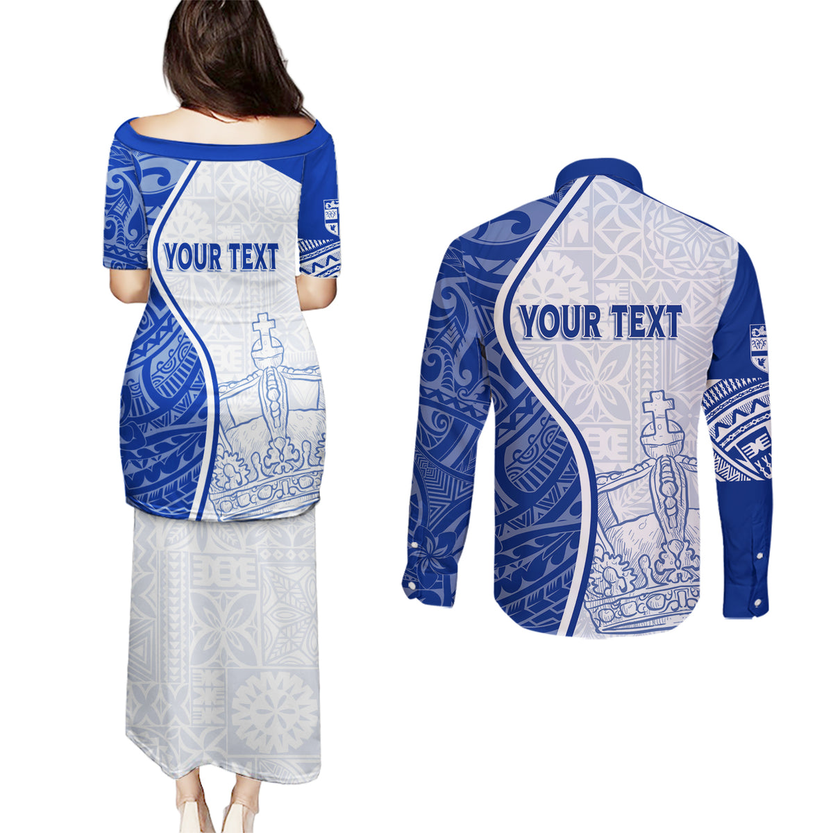 Personalised Queen Victoria School Couples Matching Puletasi Dress and Long Sleeve Button Shirts QVS Old Boys LT7 - Polynesian Pride