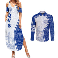 Personalised Queen Victoria School Couples Matching Summer Maxi Dress and Long Sleeve Button Shirts QVS Old Boys LT7 White - Polynesian Pride