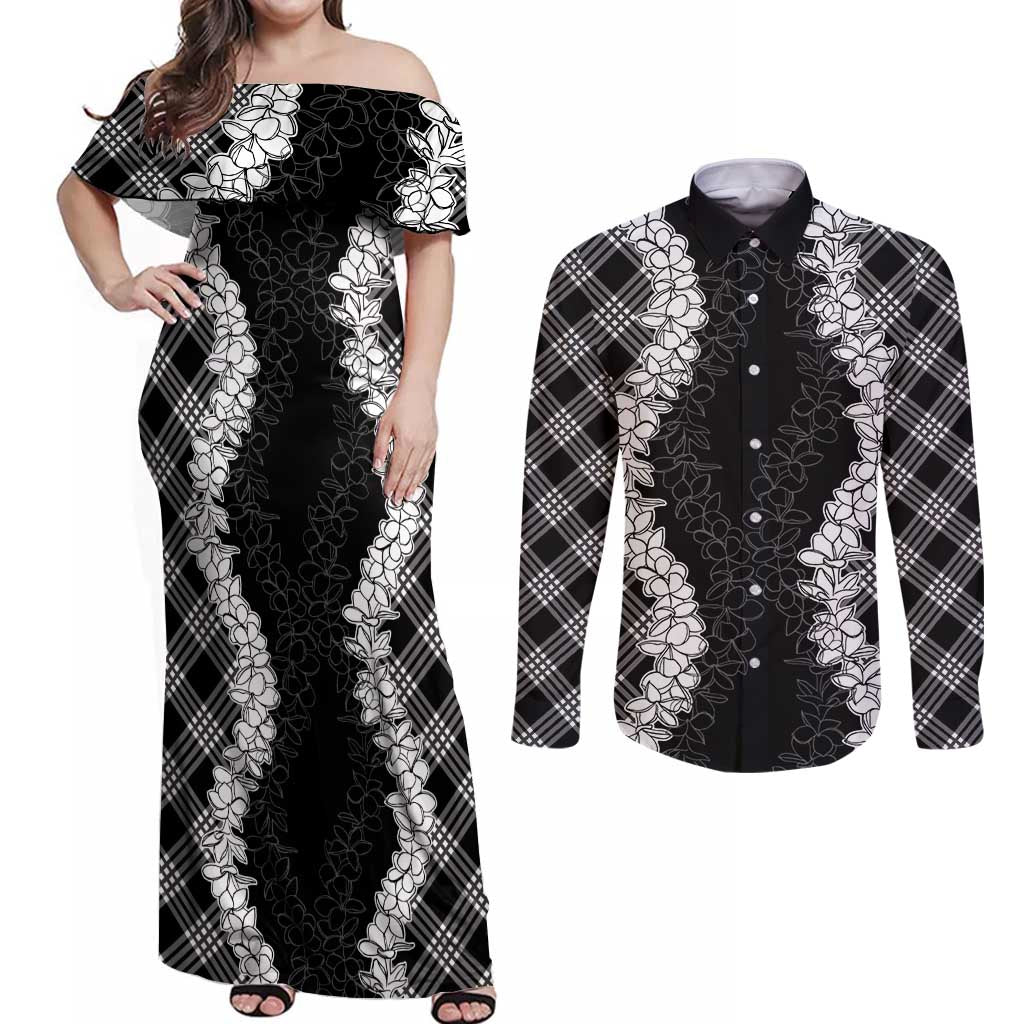 Hawaii Aloha Plumeria Lei Black Palaka Couples Matching Off Shoulder Maxi Dress and Long Sleeve Button Shirt - Polynesian Pride
