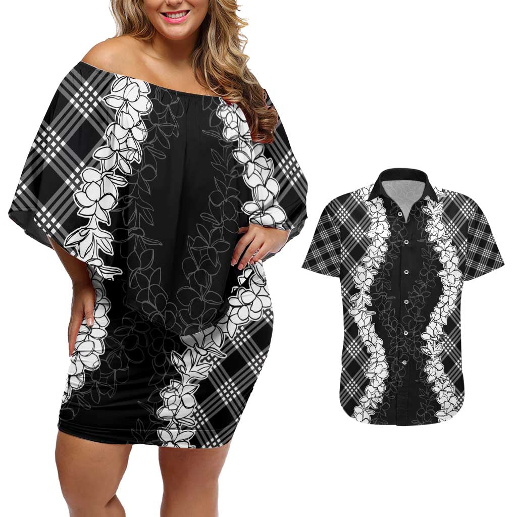 Hawaii Aloha Plumeria Lei Black Palaka Couples Matching Off Shoulder Short Dress and Hawaiian Shirt - Polynesian Pride