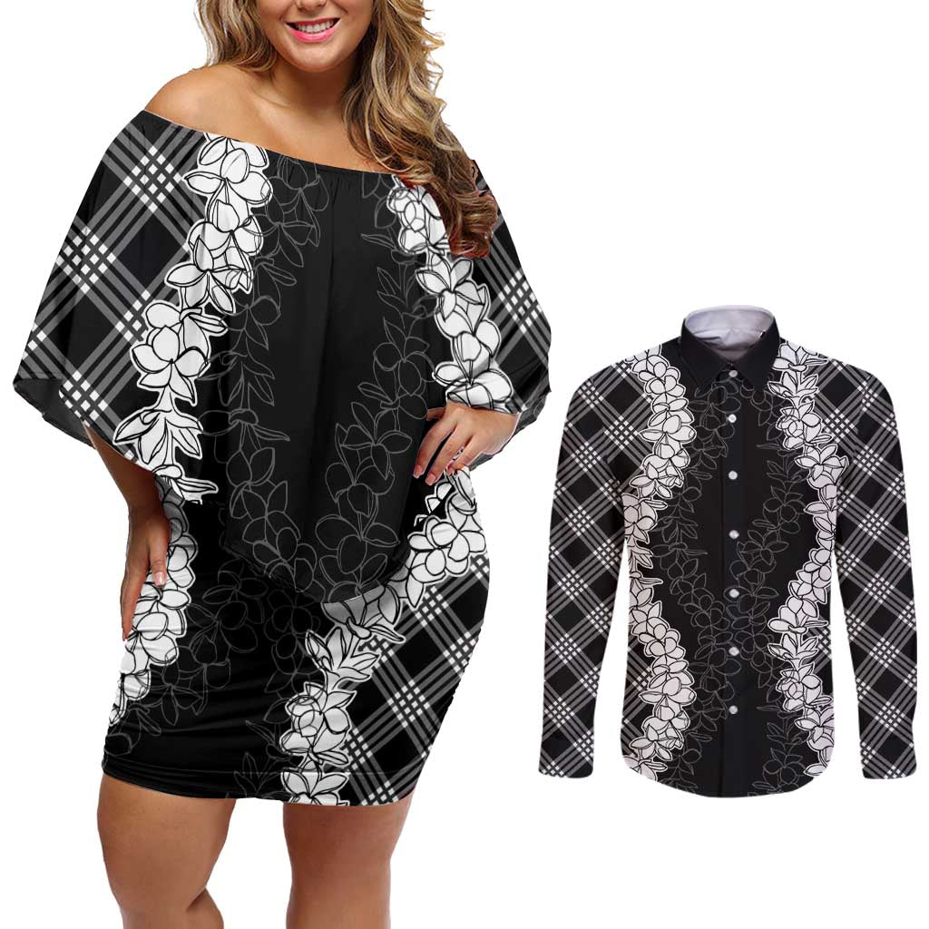 Hawaii Aloha Plumeria Lei Black Palaka Couples Matching Off Shoulder Short Dress and Long Sleeve Button Shirt - Polynesian Pride