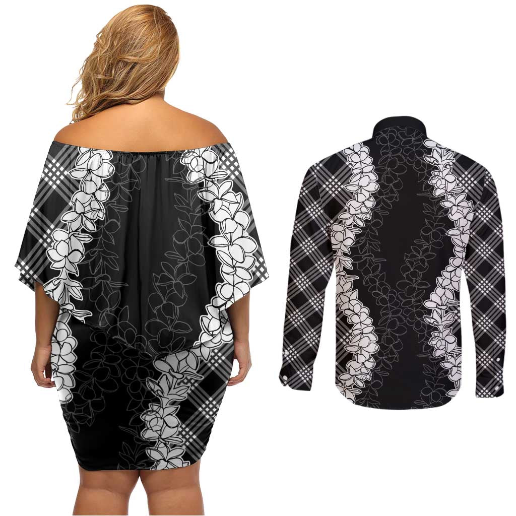 Hawaii Aloha Plumeria Lei Black Palaka Couples Matching Off Shoulder Short Dress and Long Sleeve Button Shirt - Polynesian Pride