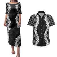 Hawaii Aloha Plumeria Lei Black Palaka Couples Matching Puletasi and Hawaiian Shirt - Polynesian Pride