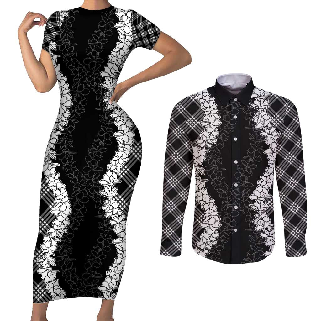 Hawaii Aloha Plumeria Lei Black Palaka Couples Matching Short Sleeve Bodycon Dress and Long Sleeve Button Shirt - Polynesian Pride