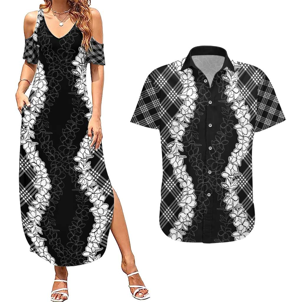 Hawaii Aloha Plumeria Lei Black Palaka Couples Matching Summer Maxi Dress and Hawaiian Shirt - Polynesian Pride