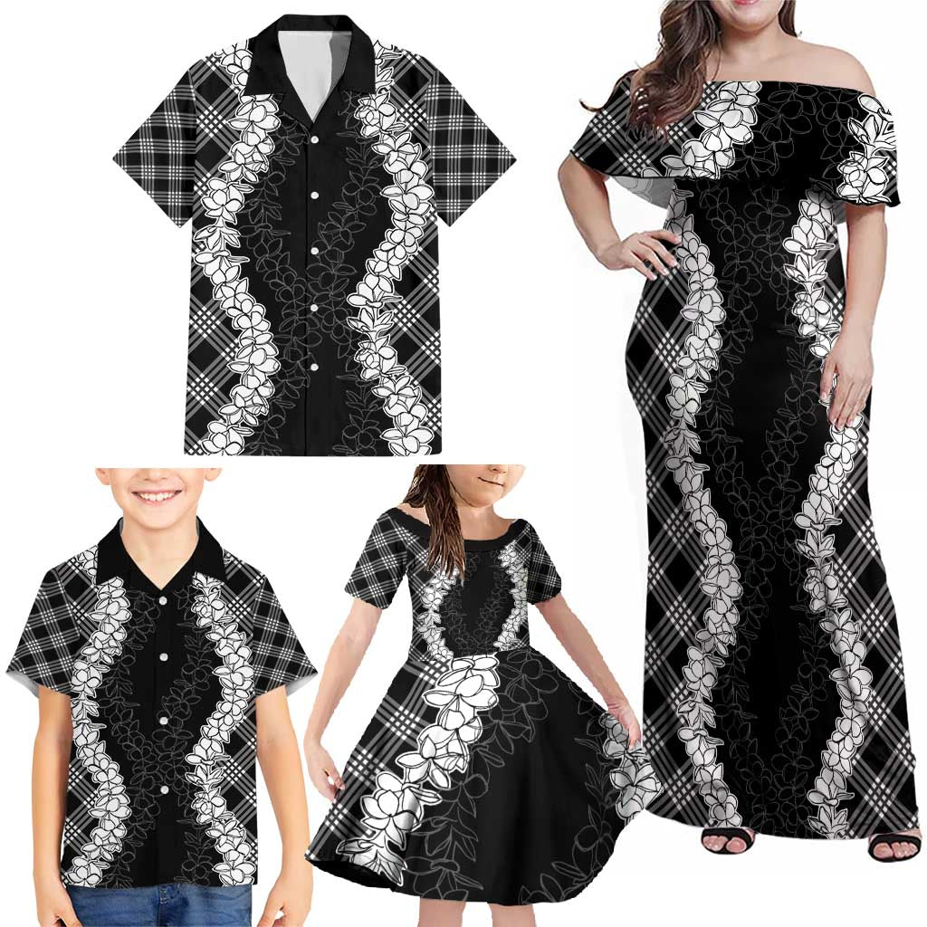 Hawaii Aloha Plumeria Lei Black Palaka Family Matching Off Shoulder Maxi Dress and Hawaiian Shirt - Polynesian Pride