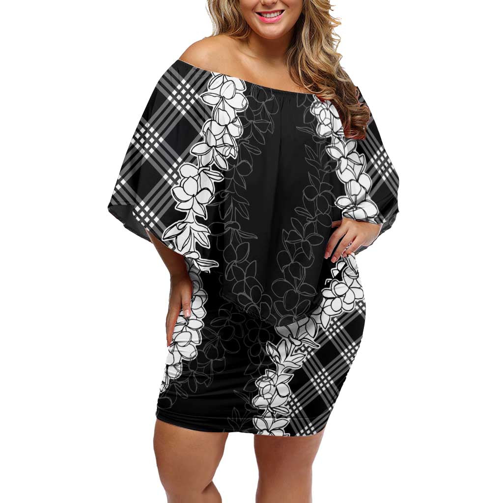 Hawaii Aloha Plumeria Lei Black Palaka Family Matching Off Shoulder Short Dress and Hawaiian Shirt - Polynesian Pride