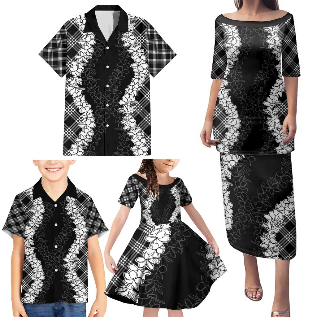 Hawaii Aloha Plumeria Lei Black Palaka Family Matching Puletasi and Hawaiian Shirt - Polynesian Pride
