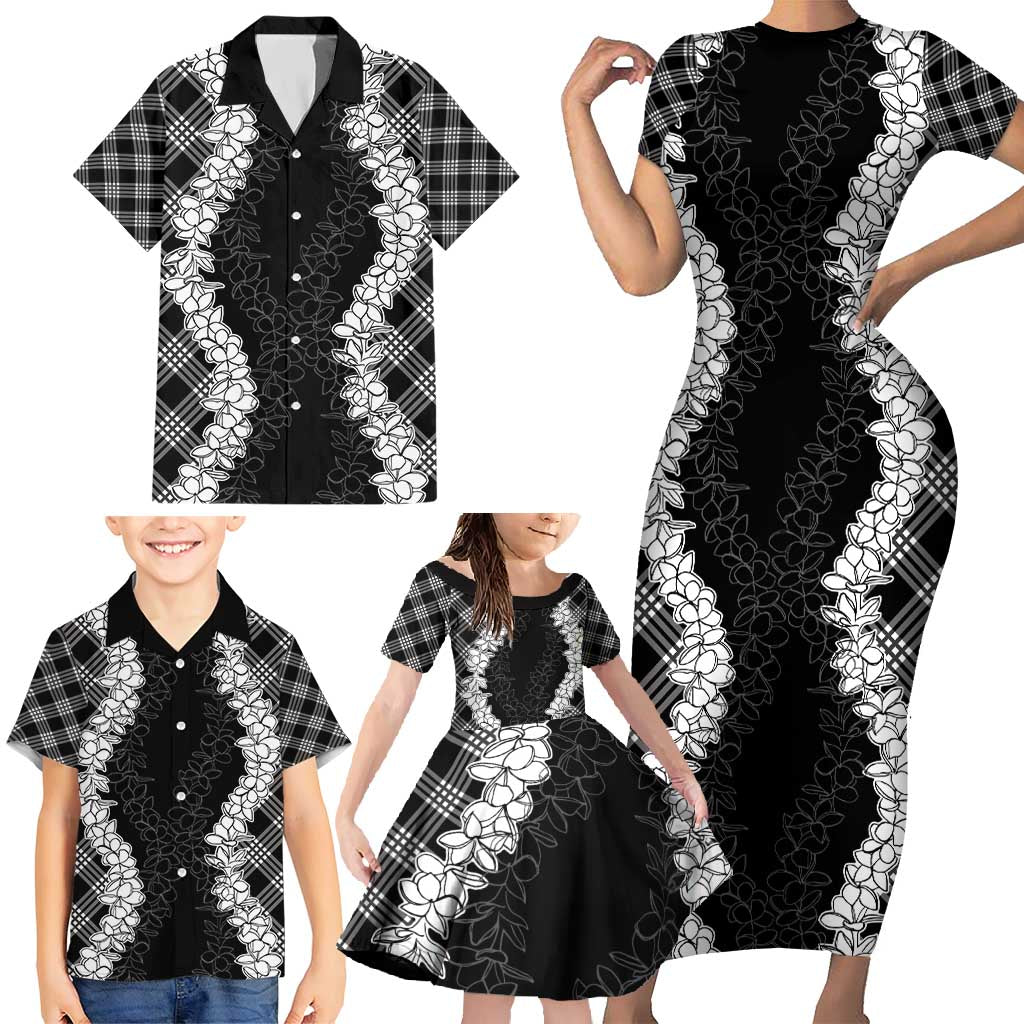 Hawaii Aloha Plumeria Lei Black Palaka Family Matching Short Sleeve Bodycon Dress and Hawaiian Shirt - Polynesian Pride