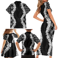Hawaii Aloha Plumeria Lei Black Palaka Family Matching Short Sleeve Bodycon Dress and Hawaiian Shirt - Polynesian Pride