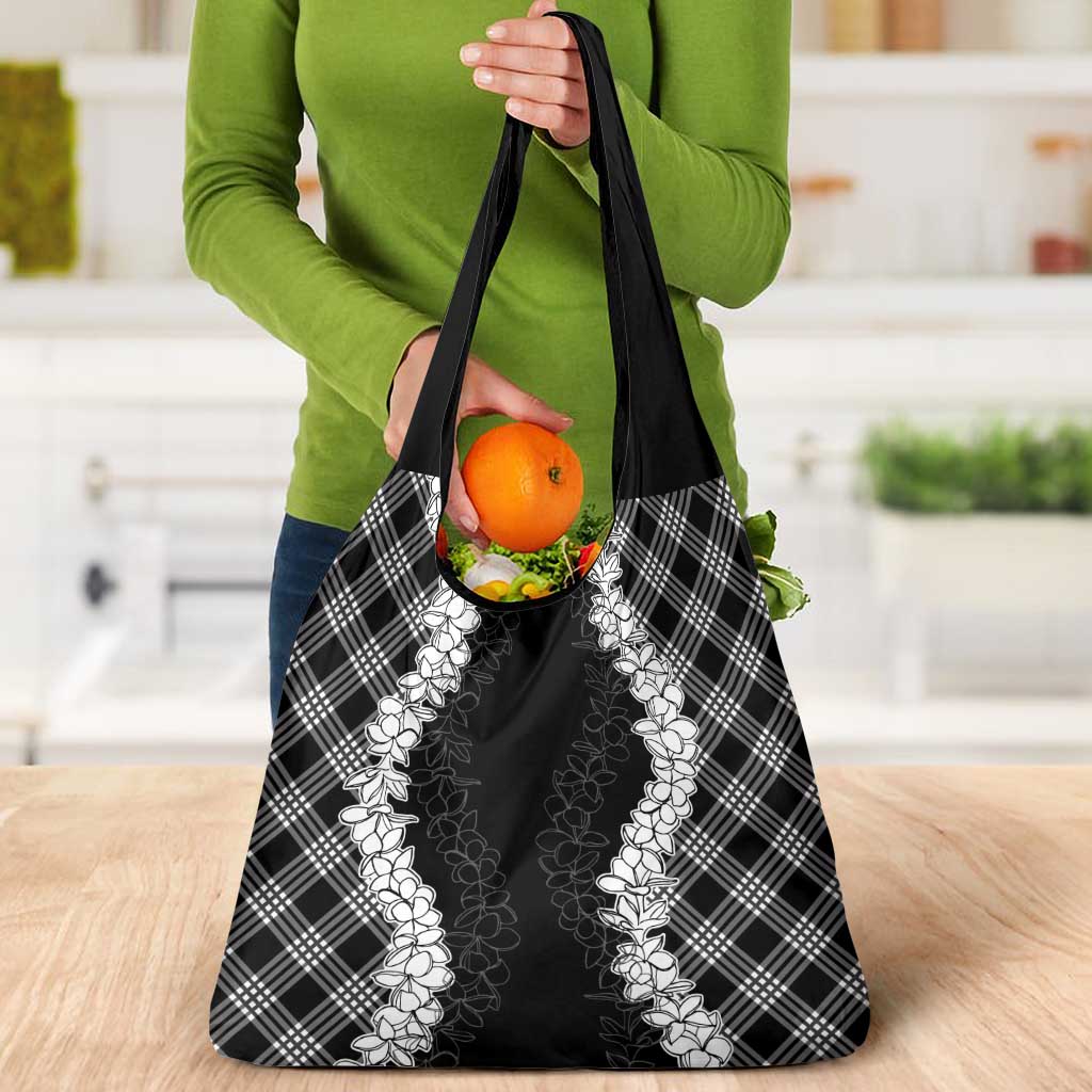Hawaii Aloha Plumeria Lei Black Palaka Grocery Bag - Polynesian Pride