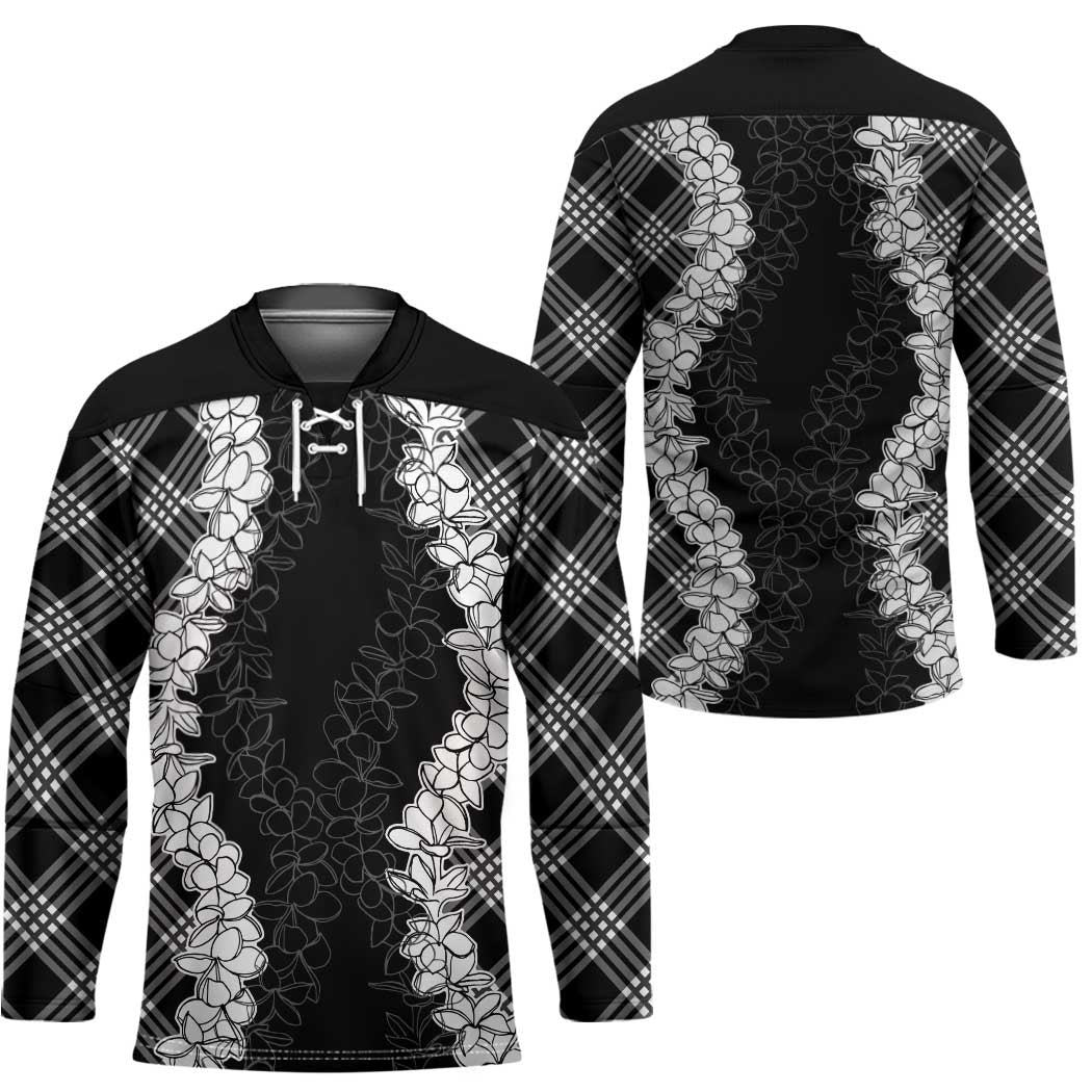 Hawaii Aloha Plumeria Lei Black Palaka Hockey Jersey - Polynesian Pride