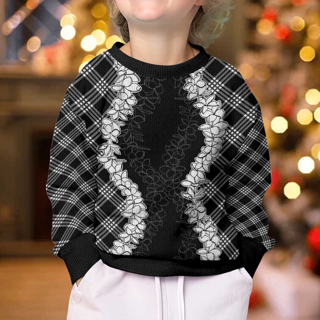 Hawaii Aloha Plumeria Lei Black Palaka Kid Ugly Christmas Sweater - Polynesian Pride