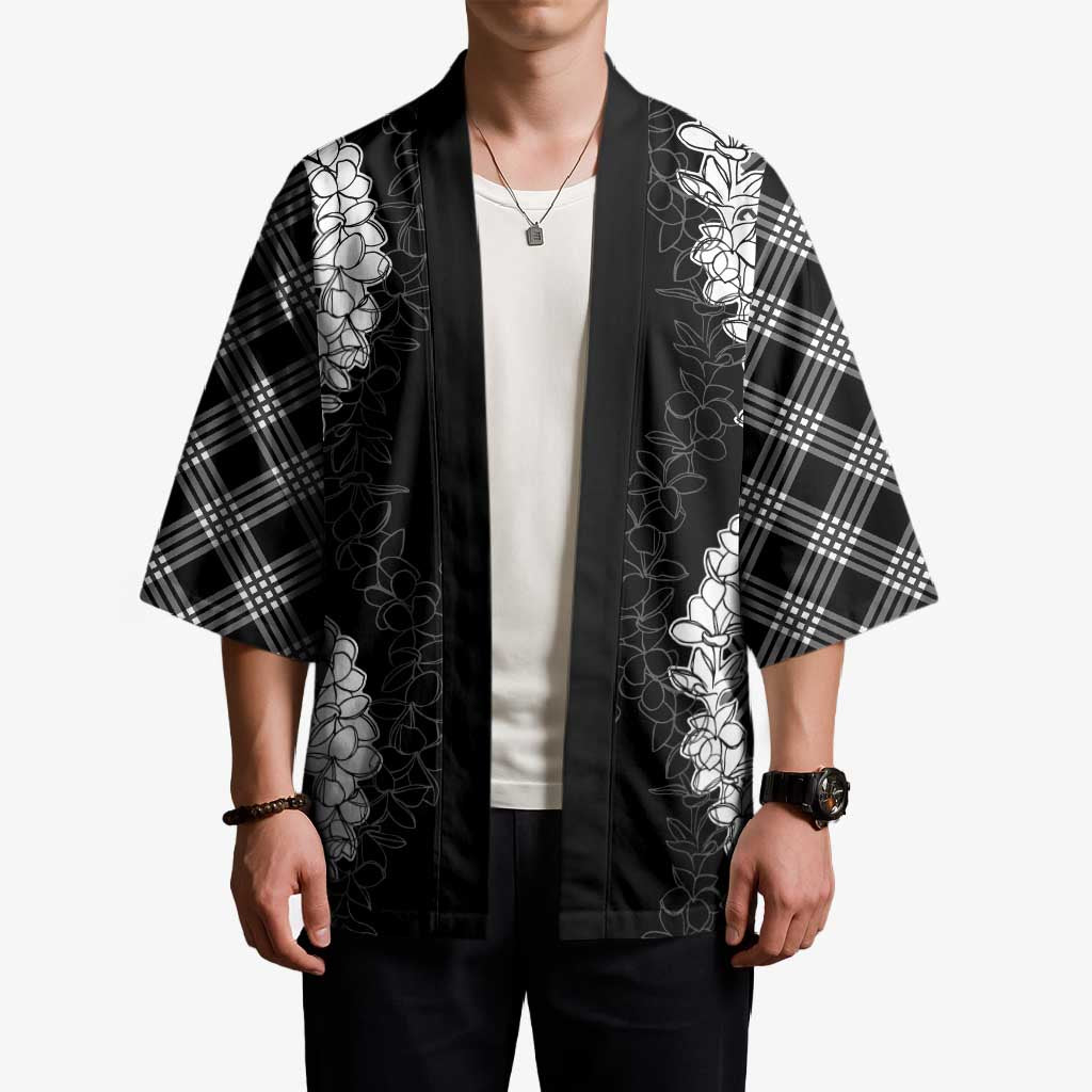 Hawaii Aloha Plumeria Lei Black Palaka Kimono - Polynesian Pride