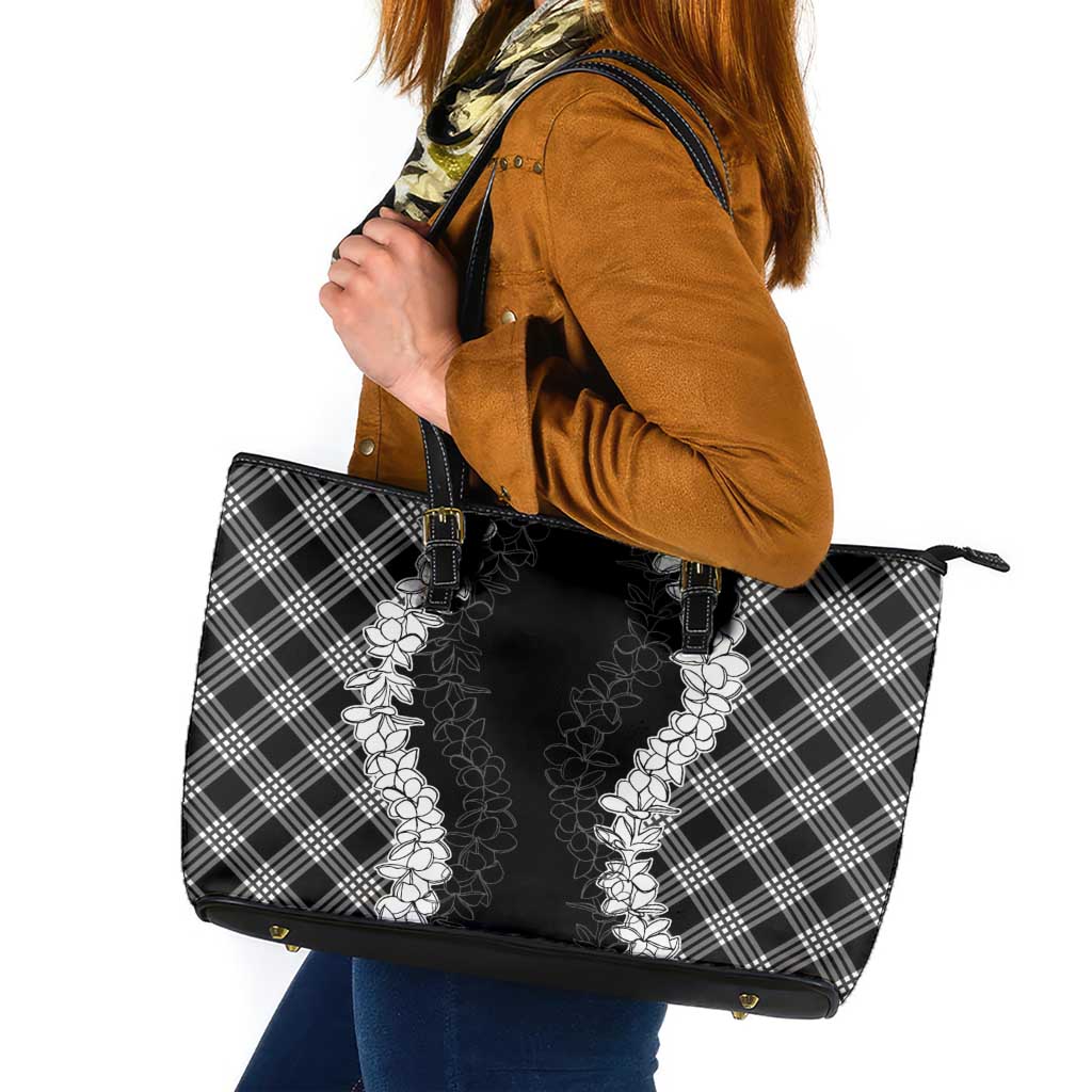 Hawaii Aloha Plumeria Lei Black Palaka Leather Tote Bag - Polynesian Pride