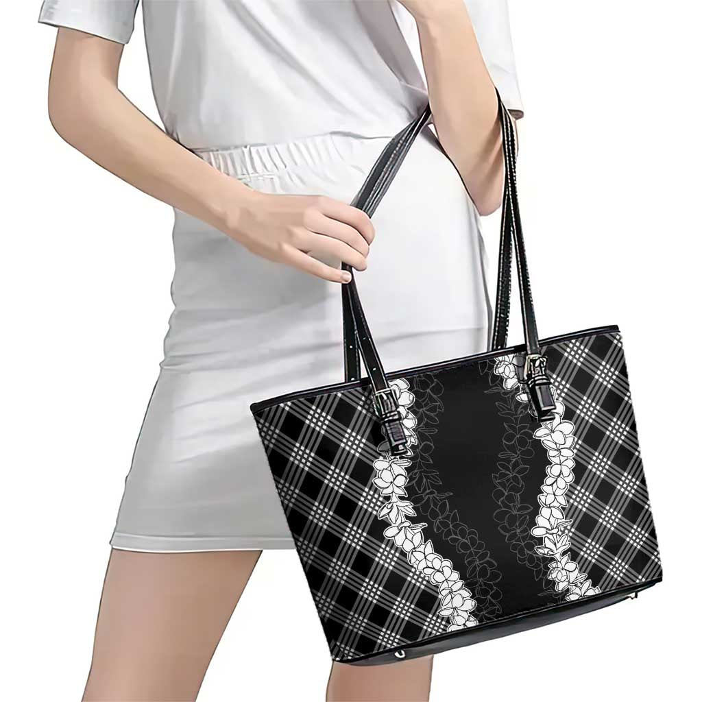 Hawaii Aloha Plumeria Lei Black Palaka Leather Tote Bag - Polynesian Pride