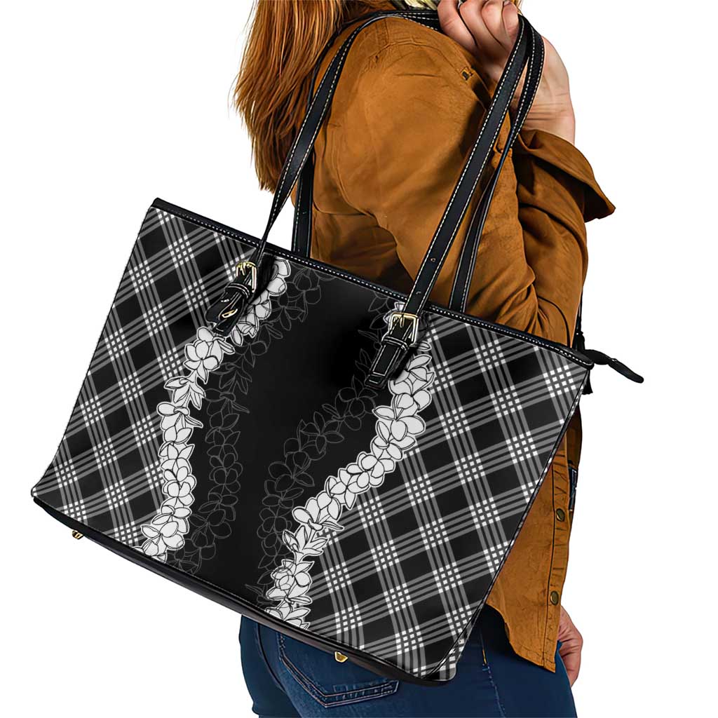 Hawaii Aloha Plumeria Lei Black Palaka Leather Tote Bag - Polynesian Pride