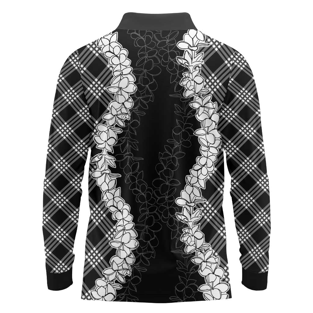 Hawaii Aloha Plumeria Lei Black Palaka Long Sleeve Polo Shirt - Polynesian Pride
