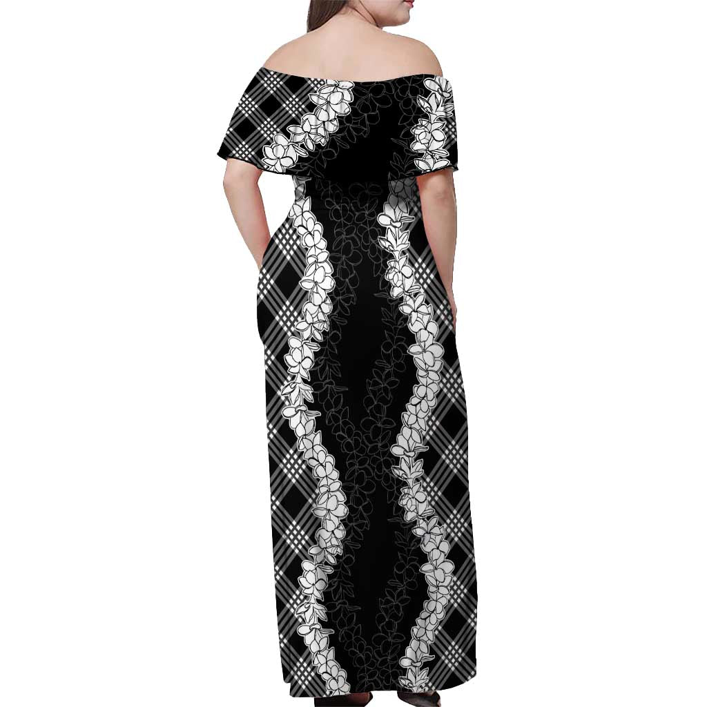 Hawaii Aloha Plumeria Lei Black Palaka Off Shoulder Maxi Dress - Polynesian Pride