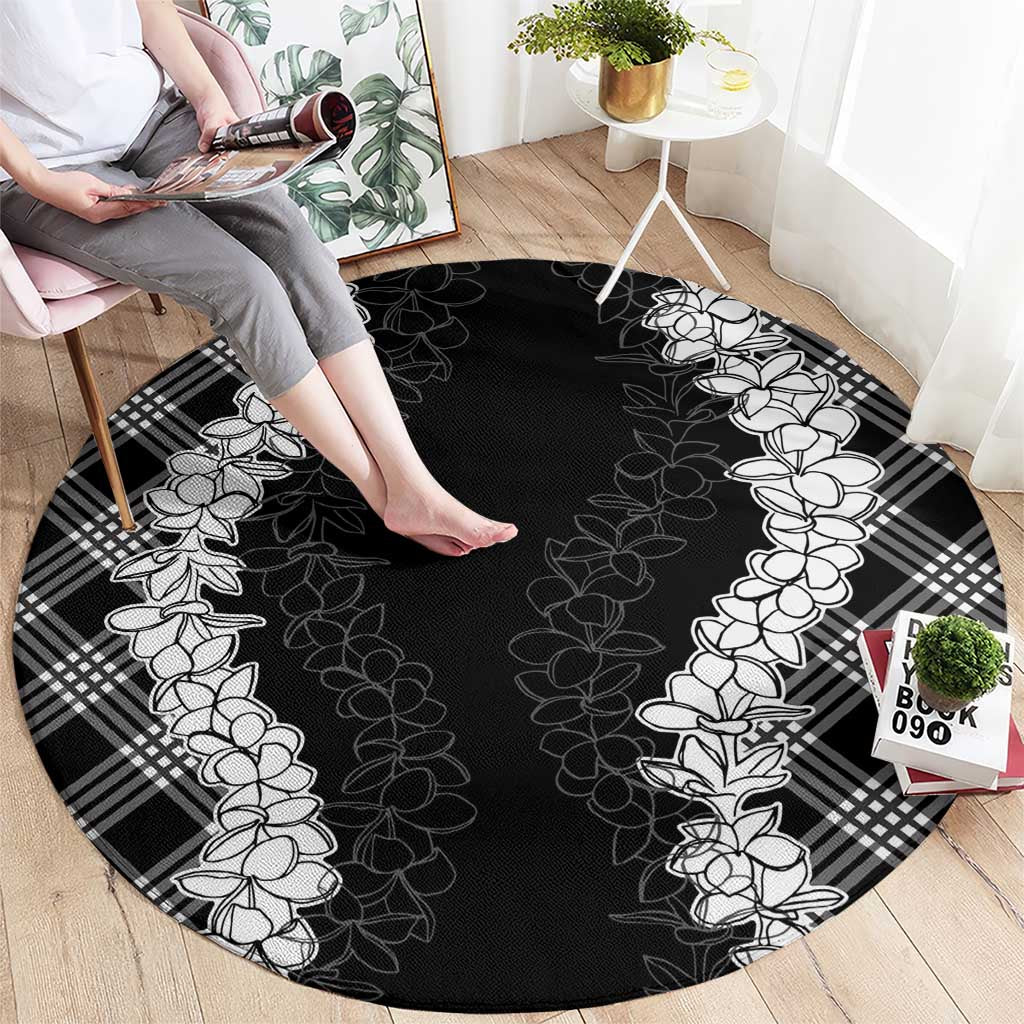 Hawaii Aloha Plumeria Lei Black Palaka Round Carpet - Polynesian Pride
