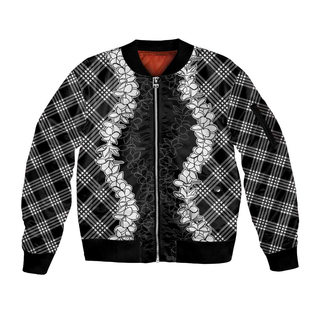 Hawaii Aloha Plumeria Lei Black Palaka Sleeve Zip Bomber Jacket - Polynesian Pride