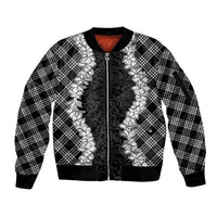 Hawaii Aloha Plumeria Lei Black Palaka Sleeve Zip Bomber Jacket - Polynesian Pride