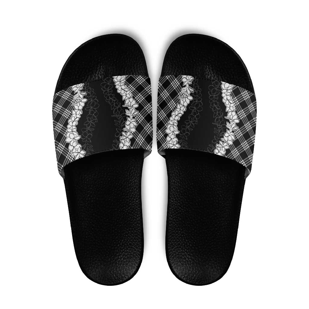 Hawaii Aloha Plumeria Lei Black Palaka Slide Sandals - Polynesian Pride