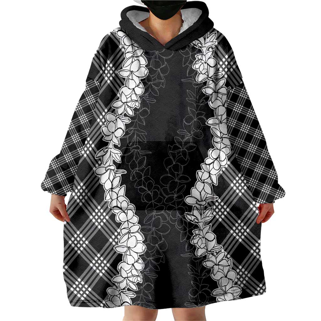 Hawaii Aloha Plumeria Lei Black Palaka Wearable Blanket Hoodie - Polynesian Pride