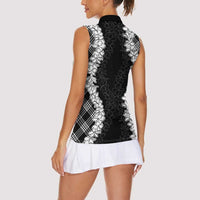 Hawaii Aloha Plumeria Lei Black Palaka Women Sleeveless Polo Shirt - Polynesian Pride