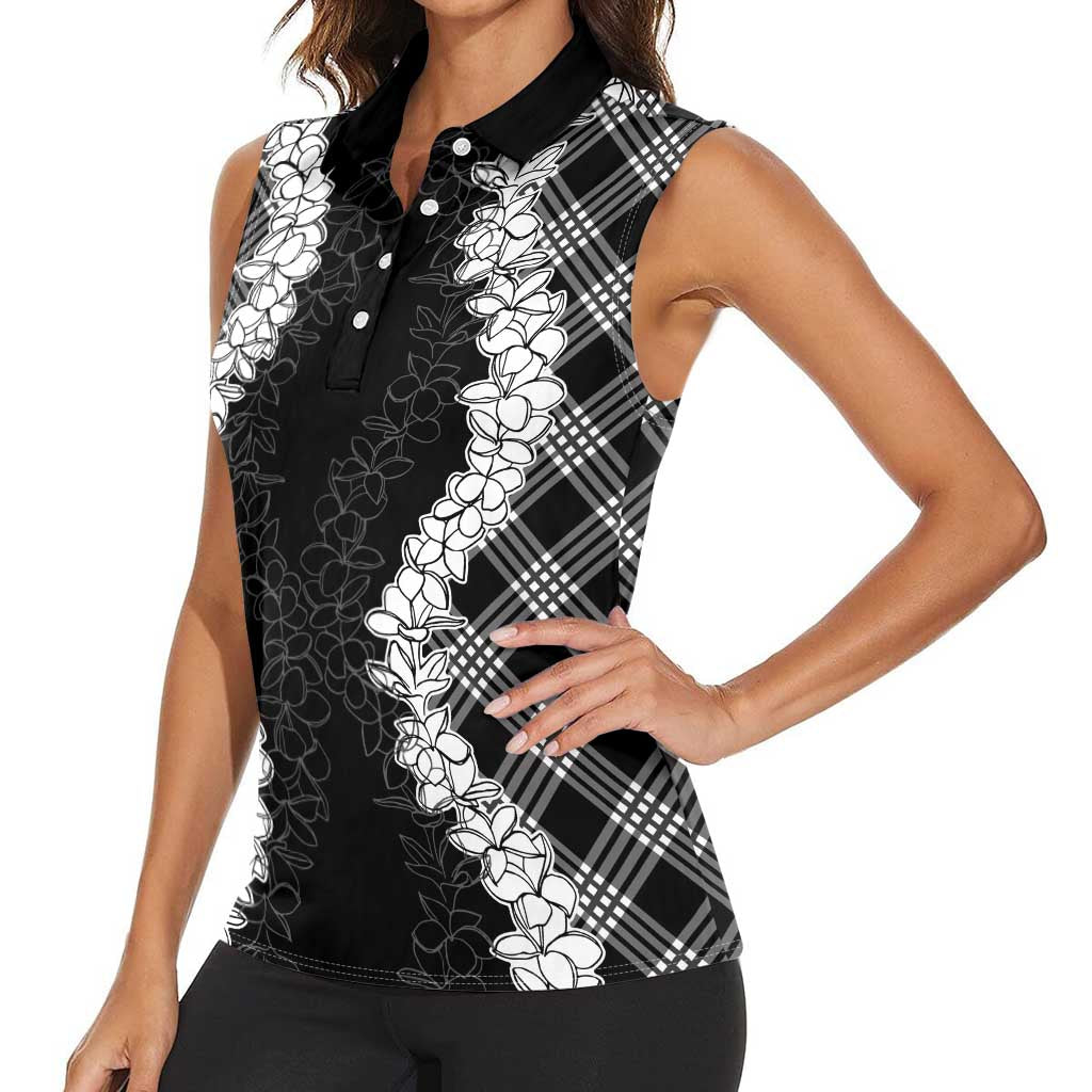 Hawaii Aloha Plumeria Lei Black Palaka Women Sleeveless Polo Shirt - Polynesian Pride