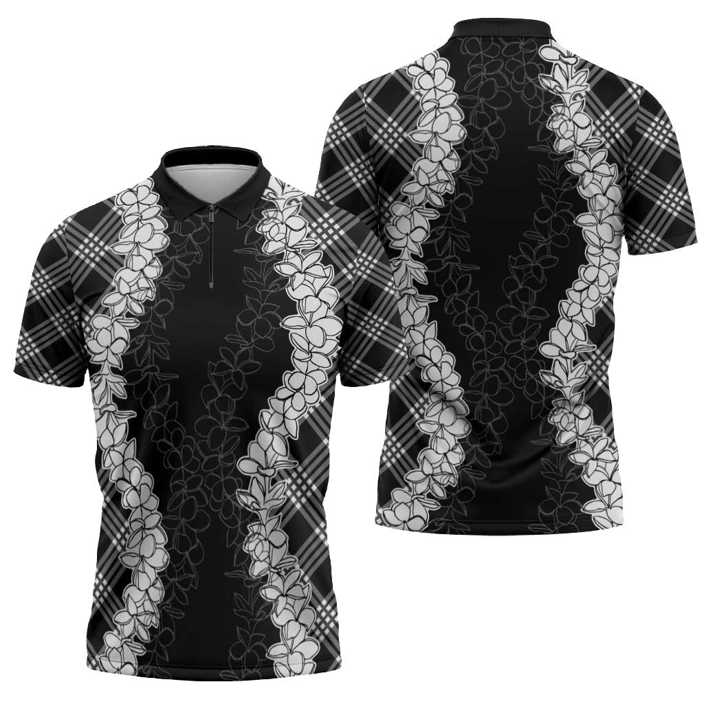 Hawaii Aloha Plumeria Lei Black Palaka Zipper Polo Shirt - Polynesian Pride