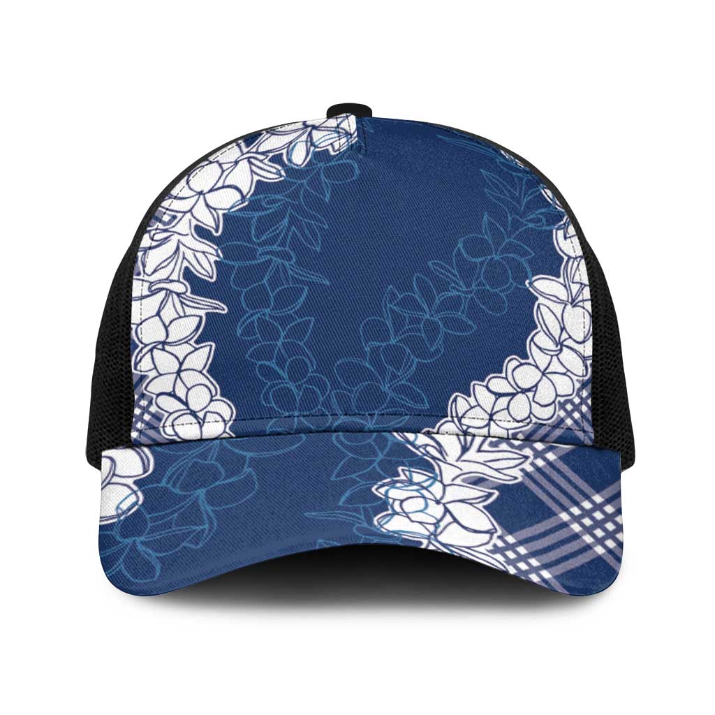 Hawaii Aloha Plumeria Lei Navy Palaka Baseball Net Cap - Polynesian Pride