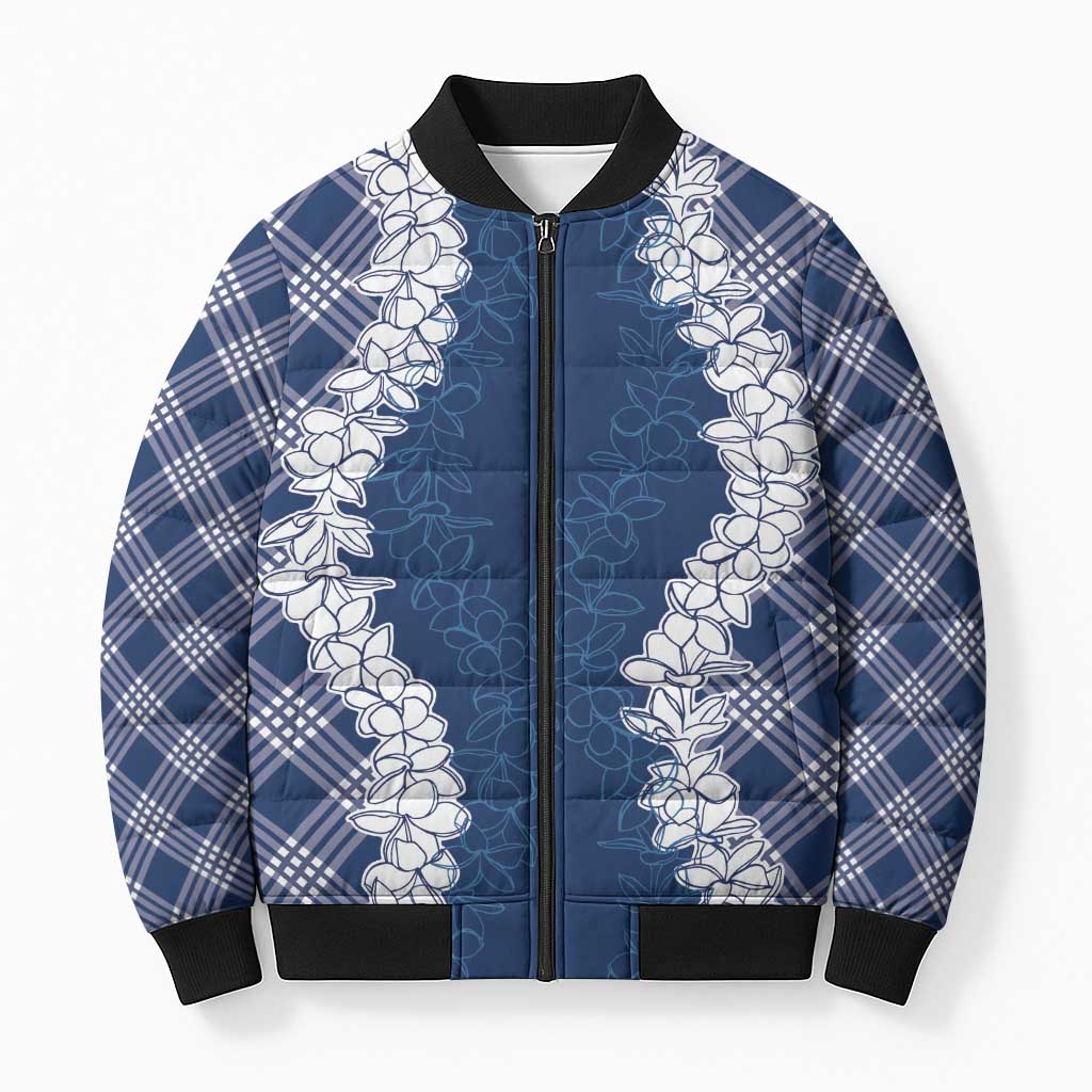 Hawaii Aloha Plumeria Lei Navy Palaka Bomber Puffer Jacket - Polynesian Pride