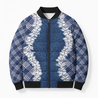 Hawaii Aloha Plumeria Lei Navy Palaka Bomber Puffer Jacket - Polynesian Pride